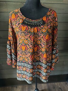 Relativity Bead Embellished Boho Floral Tunic in Black and Orange Medium